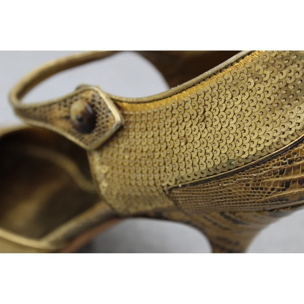 Prada Heels Womens 37 Gold Snakeskin Sequin Mary Jane Pointed Toe Pumps Vintage - Picture 5 of 9